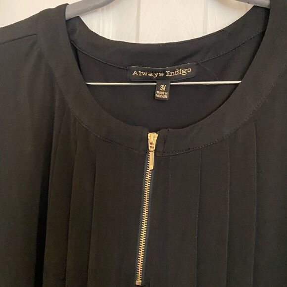 Always Indigo Long Sleeve Black Blouse Size 3X front Partial Gold Zipper - Picture 3 of 11